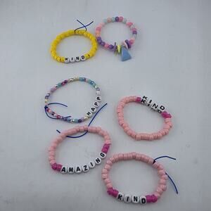 Lot of 6 Beaded Bracelets KIND HAPPY AMAZING Colorful Kids Friendship Jewelry